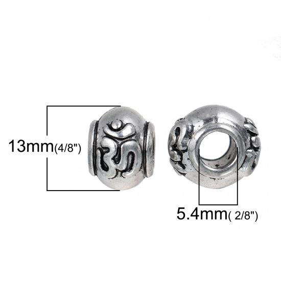 Picture of Zinc Based Alloy Yoga Healing European Style Large Hole Charm Beads Drum Antique Silver Color Yoga OM /Aum Carved About 14mm x 13mm, Hole: Approx 5.4mm, 5 PCs