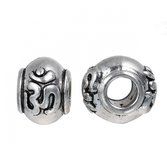 Picture of Zinc Based Alloy Yoga Healing European Style Large Hole Charm Beads Drum Antique Silver Color Yoga OM /Aum Carved About 14mm x 13mm, Hole: Approx 5.4mm, 5 PCs