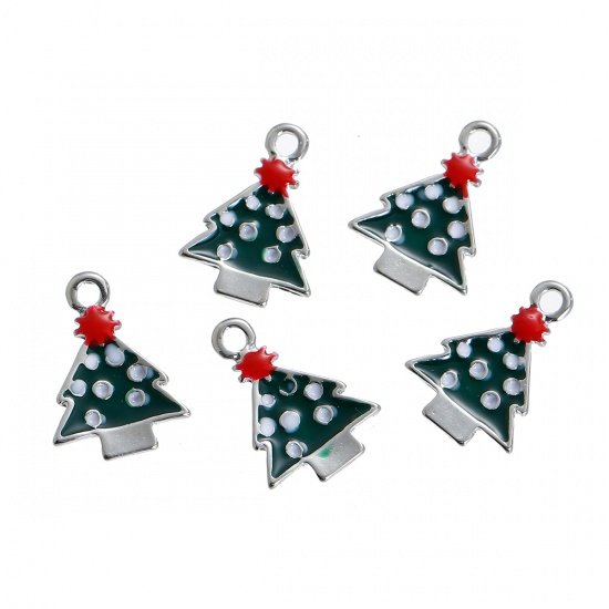 Picture of Zinc Based Alloy Charms Christmas Tree Silver Tone White & Green Enamel 19mm( 6/8") x 14mm( 4/8"), 5 PCs