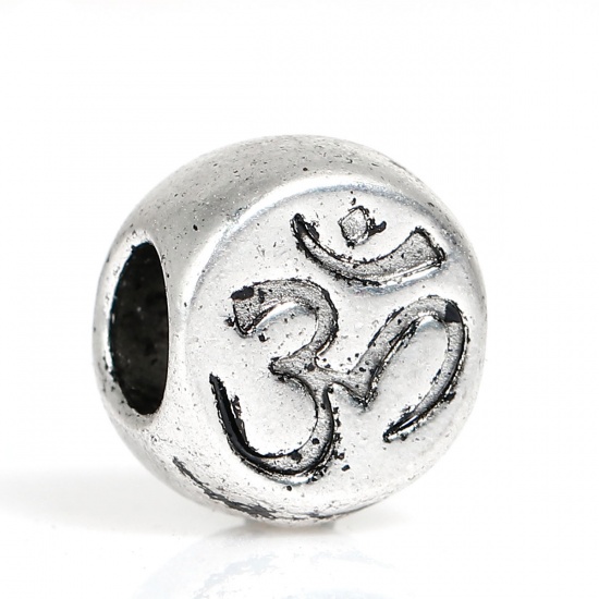 Picture of Zinc Based Alloy Yoga Healing European Style Large Hole Charm Beads Round Antique Silver Yoga OM /Aum Carved About 11mm( 3/8") x 10mm( 3/8"), Hole: Approx 4.9mm, 10 PCs