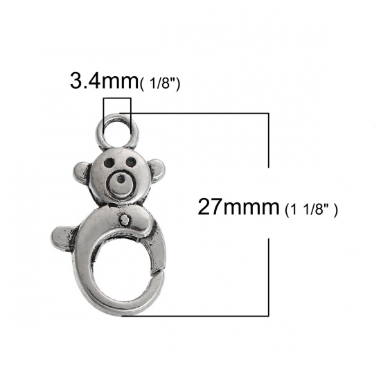 Picture of Zinc Based Alloy Lobster Clasp Findings Antique Silver Color Bear Carved 27mm x 15mm, 5 PCs