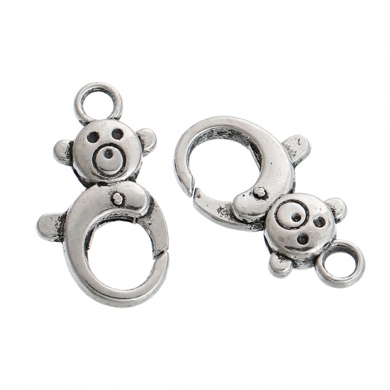 Picture of Zinc Based Alloy Lobster Clasp Findings Antique Silver Color Bear Carved 27mm x 15mm, 5 PCs