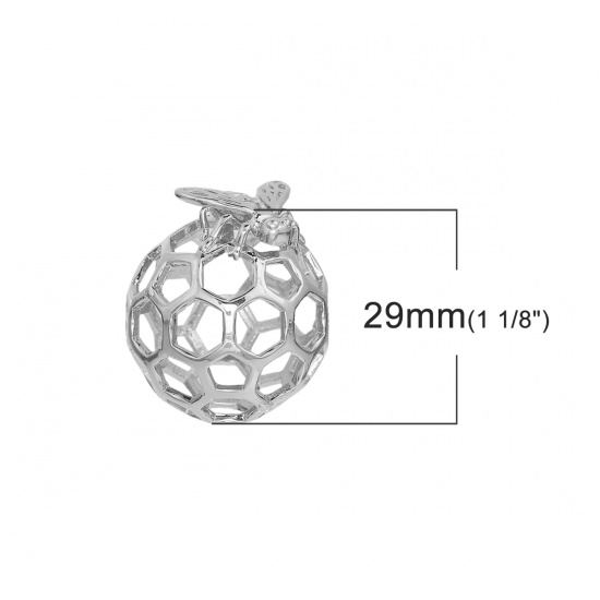 Picture of Brass 3D Charms Honeycomb Silver Tone Bee Hollow 29mm(1 1/8") x 24mm(1"), 1 Piece                                                                                                                                                                             
