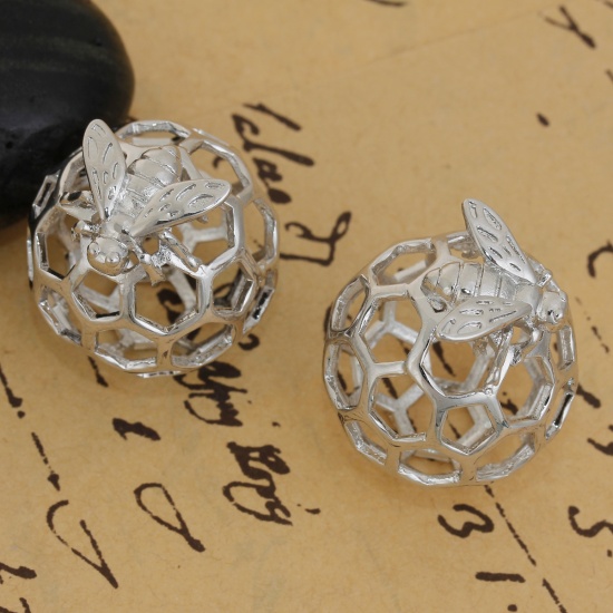 Picture of Brass 3D Charms Honeycomb Silver Tone Bee Hollow 29mm(1 1/8") x 24mm(1"), 1 Piece                                                                                                                                                                             