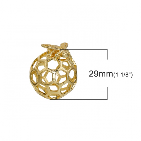 Picture of Brass 3D Charms Honeycomb Gold Plated Bee Hollow 29mm(1 1/8") x 24mm(1"), 1 Piece                                                                                                                                                                             