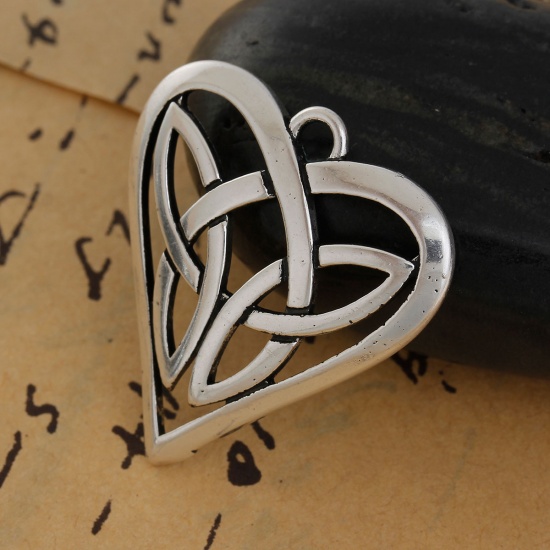 Picture of Brass Pendants Heart Antique Silver Color Celtic Knot Hollow 31mm(1 2/8") x 29mm(1 1/8"), 2 PCs                                                                                                                                                               
