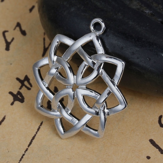 Picture of Brass Charms Flower Silver Tone Celtic Knot Hollow 28mm(1 1/8") x 25mm(1"), 3 PCs