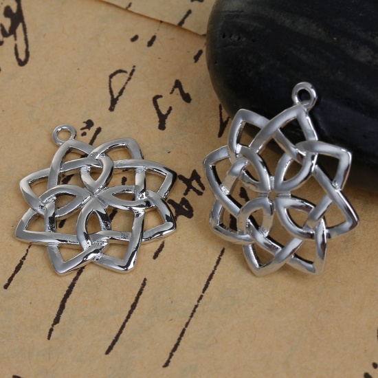 Picture of Brass Charms Flower Silver Tone Celtic Knot Hollow 28mm(1 1/8") x 25mm(1"), 3 PCs