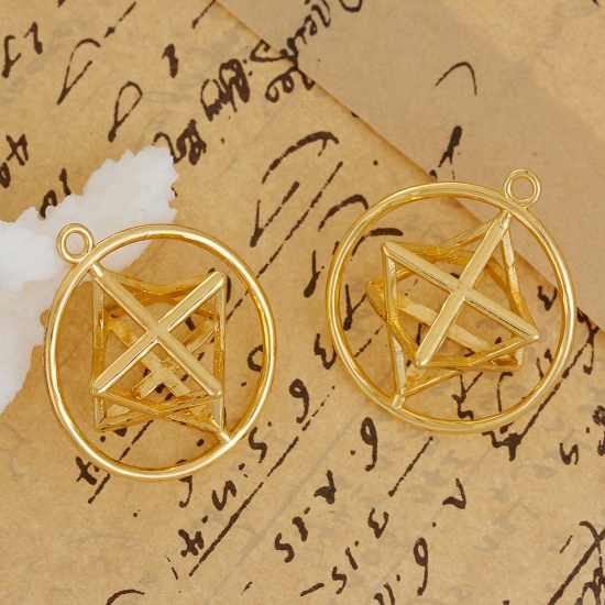 Image de Pendentif Merkaba Méditation en Laiton Rond Creux Doré 40mm x 35mm, 1 Pièce