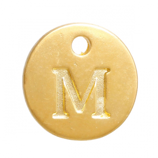 Bild von Zinklegierung Charms Rund Vergoldet Anfangsbuchstaben " M " 12mm D. 20 Stück