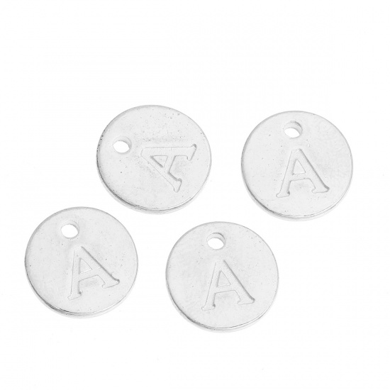 Immagine di Lega di Zinco Charms Tondo Argento Placcato Iniziale Lettera " A " 12mm Dia, 20 Pz