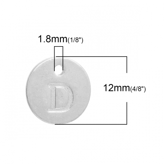 Immagine di Lega di Zinco Charms Tondo Argento Placcato Iniziale Lettera " D " 12mm Dia, 20 Pz