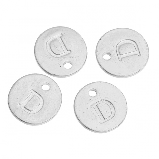 Immagine di Lega di Zinco Charms Tondo Argento Placcato Iniziale Lettera " D " 12mm Dia, 20 Pz