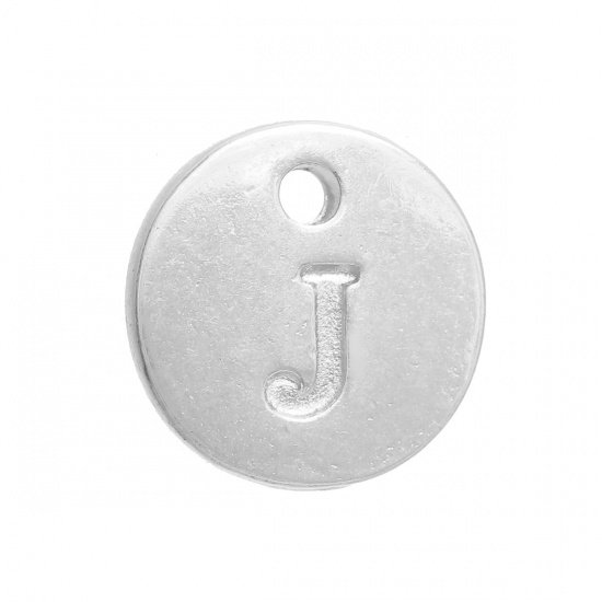 Immagine di Lega di Zinco Charms Tondo Argento Placcato Iniziale Lettera " J " 12mm Dia, 20 Pz