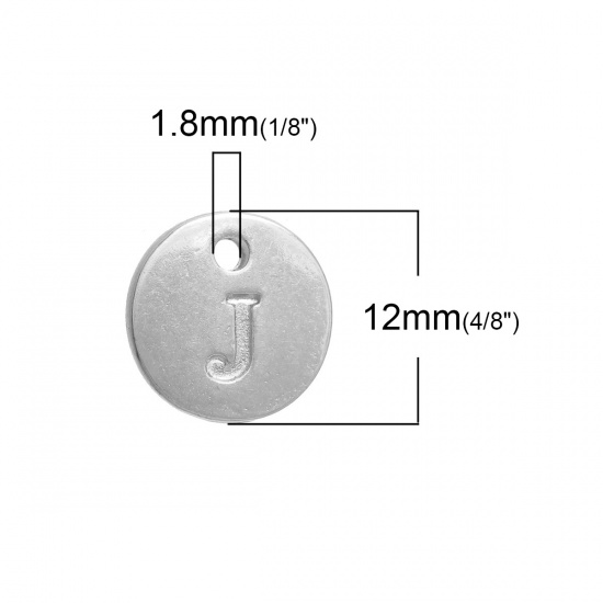 Immagine di Lega di Zinco Charms Tondo Argento Placcato Iniziale Lettera " J " 12mm Dia, 20 Pz