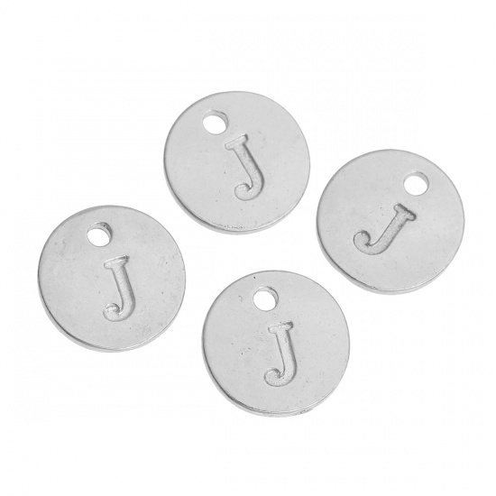 Immagine di Lega di Zinco Charms Tondo Argento Placcato Iniziale Lettera " J " 12mm Dia, 20 Pz