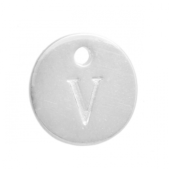 Picture of Zinc Based Alloy Charms Round Silver Plated Initial Alphabet/ Letter " V " 12mm( 4/8") Dia, 20 PCs