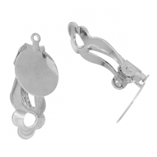 Picture of Brass Lever Back Clips Findings Round Silver Tone Cabochon Settings (Fit 12mm Dia.) With Loop 22mm( 7/8") x 12mm( 4/8"), 10 PCs