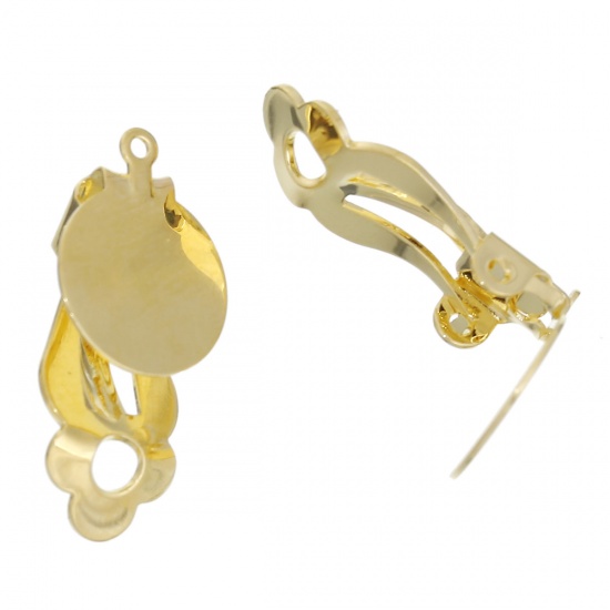 Immagine di Ottone clip orecchio Accessori Tondo Oro Placcato Basi per Cabochon (Addetti: 12mm) 22mm x 12mm, 10 Pz