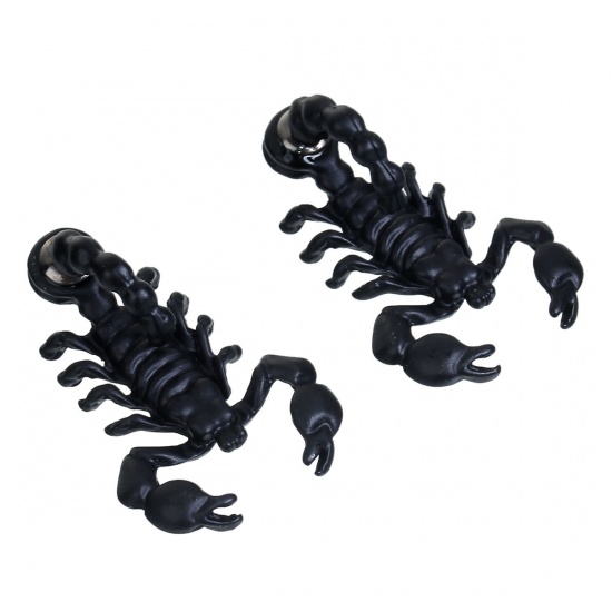 Picture of 3D Double Sided Ear Post Stud Earrings Black Scorpion 40mm(1 5/8") x 21mm( 7/8"), Post/ Wire Size: (21 gauge), 2 PCs