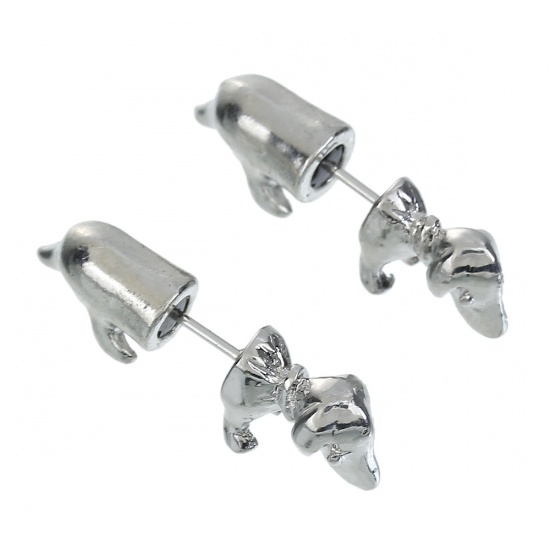 Picture of 3D Double Sided Ear Post Stud Earrings Silver Tone Dog Animal 25mm(1") x 9mm( 3/8"), Post/ Wire Size: (21 gauge), 2 PCs