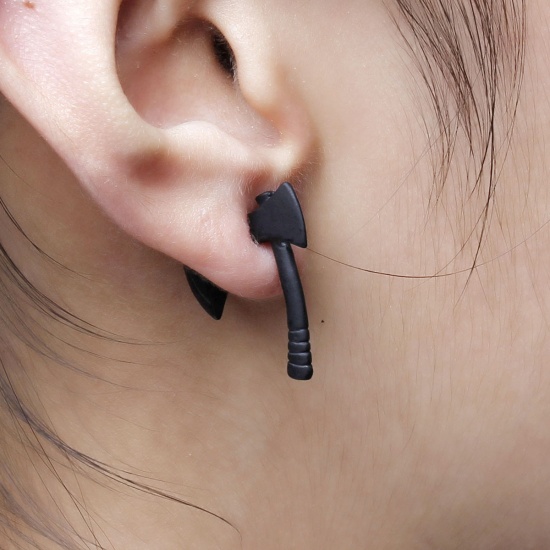 Picture of 3D Double Sided Ear Post Stud Earrings Black Axe 26mm(1") x 20mm( 6/8"), Post/ Wire Size: (21 gauge), 2 PCs