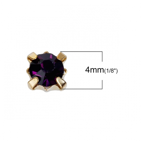 Picture of Iron Based Alloy Sew On Rhinestone Square Gold Plated Dark Purple 4mm( 1/8") x 4mm( 1/8"), 200 PCs