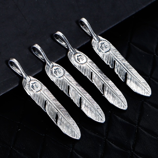 Picture of Brass Pendants Feather Antique Silver Color Eagle Carved 41mm(1 5/8") x 8mm( 3/8"), 2 PCs                                                                                                                                                                     