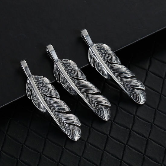 Picture of Brass Pendants Feather Antique Silver Color 56mm(2 2/8") x 16mm( 5/8"), 1 Piece                                                                                                                                                                               
