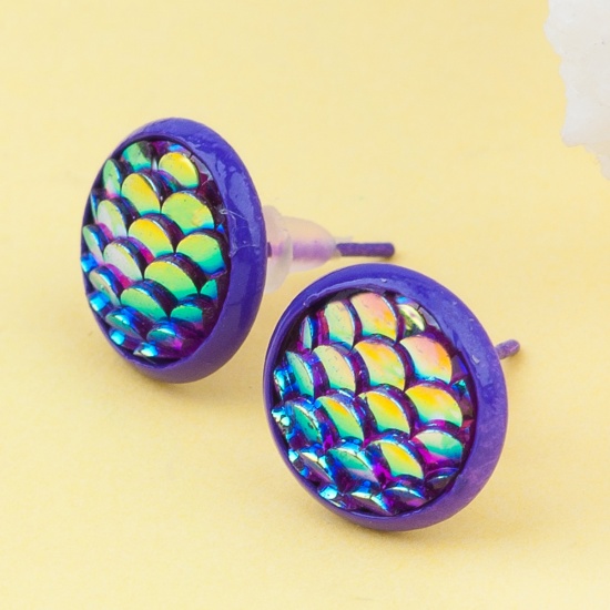 Picture of Copper & Resin Mermaid Fish/ Dragon Scale Ear Post Stud Earrings Purple AB Color Round 15mm( 5/8") x 12mm( 4/8"), Post/ Wire Size: (21 gauge), 1 Pair