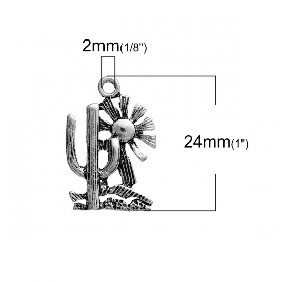 Picture of Zinc Based Alloy Charms Cactus Antique Silver Sun 24mm(1") x 16mm( 5/8"), 5 PCs