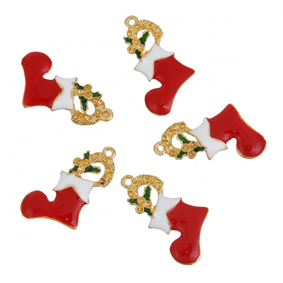 Picture of Zinc Based Alloy Charms Christmas Stocking Gold Plated White & Red (Can Hold ss7 Pointed Back Rhinestone) Enamel 28mm(1 1/8") x 25mm(1"), 3 PCs