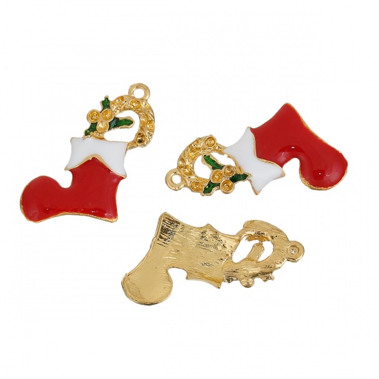 Picture of Zinc Based Alloy Charms Christmas Stocking Gold Plated White & Red (Can Hold ss7 Pointed Back Rhinestone) Enamel 28mm(1 1/8") x 25mm(1"), 3 PCs