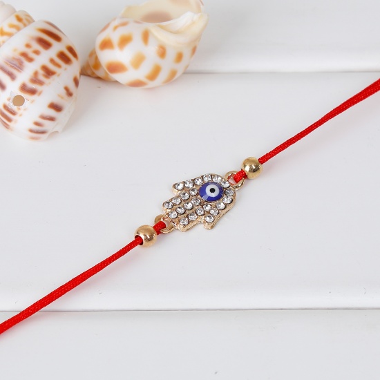 Picture of Polyester Kabbalah Red String Braided Friendship Bracelets Gold Plated Blue Evil Eye Clear Rhinestone 19cm(7 4/8") long, 1 Piece