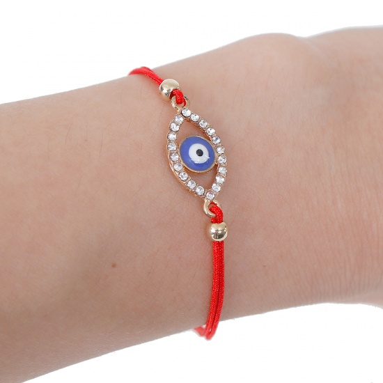 Picture of Polyester Kabbalah Red String Braided Friendship Bracelets Gold Plated Blue Evil Eye Clear Rhinestone 19cm(7 4/8") long, 1 Piece