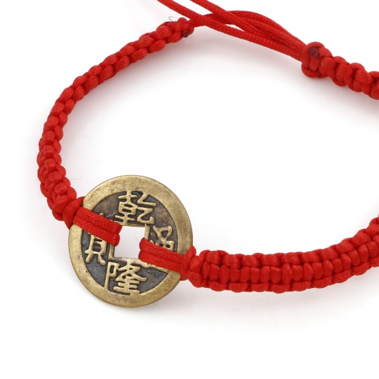 Picture of Polyester Kabbalah Red String Braided Friendship Bracelets Antique Bronze Copper At Random Cash Coin 30cm(11 6/8") long, 1 Piece