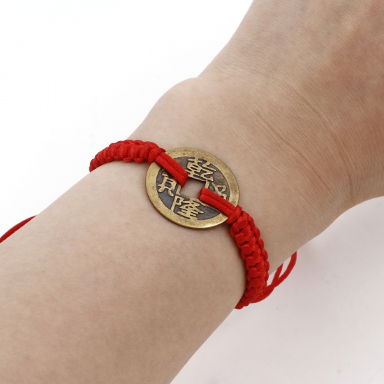 Picture of Polyester Kabbalah Red String Braided Friendship Bracelets Antique Bronze Copper At Random Cash Coin 30cm(11 6/8") long, 1 Piece