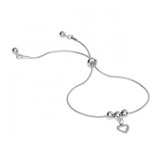 Picture of 304 Stainless Steel Adjustable Slider/ Slide Bolo Bracelets Silver Tone Round Heart 24cm(9 4/8") long, 1 Piece