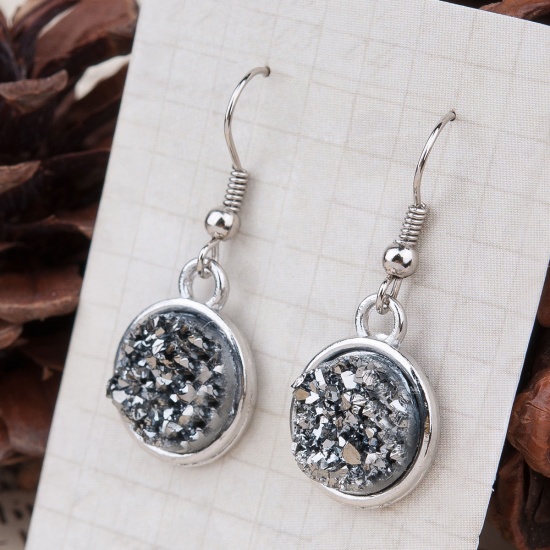 Picture of Resin Druzy/ Drusy Earrings Silver Tone Silver Round 34mm(1 3/8") x 15mm( 5/8"), Post/ Wire Size: (21 gauge), 1 Pair