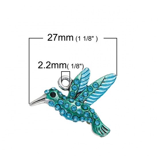 Picture of Zinc Based Alloy Charms Hummingbird Antique Silver Color Green Blue Rhinestone Enamel 27mm(1 1/8") x 21mm( 7/8"), 1 Piece