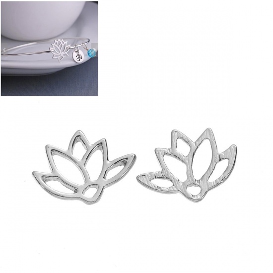 Picture of Zinc Based Alloy Connectors Findings Lotus Flower Silver Tone Hollow 14mm x 10mm, 10 PCs