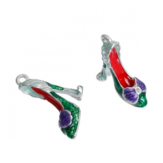 Picture of Zinc Based Alloy 3D Charms High-heeled Shoes Green Red (Can Hold ss5 Pointed Back Rhinestone) Bowknot Enamel Sequins 24mm(1") x 24mm(1"), 1 Piece