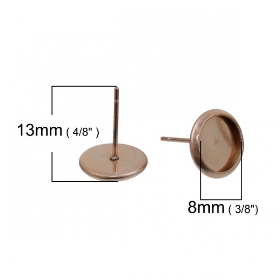 Picture of Stainless Steel Ear Post Stud Earrings Rose Gold Cabochon Settings (Fit 8mm Dia.) 13mm( 4/8") x 10mm( 3/8"), Post/ Wire Size: (21 gauge), 2 PCs