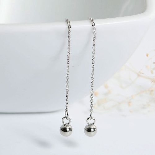 Picture of 304 Stainless Steel Stylish Ear Thread Threader Earrings Silver Tone Ball 10cm, Post/ Wire Size: (21 gauge), 1 Pair