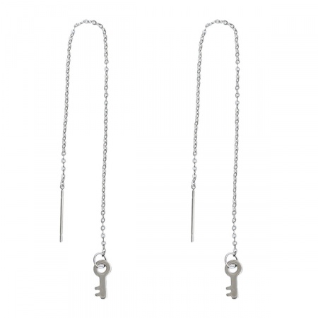 Picture of Wholesale Stylish Ear Thread Threader Earrings, Key Silver Tone 304 Stainless Steel, Women's Gift Jewelry Supply, 10cm, Post/ Wire Size: 0.7mm(21 gauge), 1 Pair