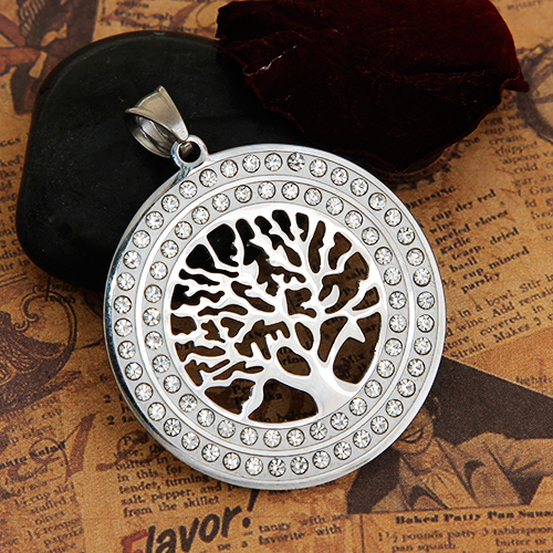 Picture of 304 Stainless Steel Pendants Round Silver Tone Tree of Life Clear Rhinestone 51mm(2") x 40mm(1 5/8"), 1 Piece