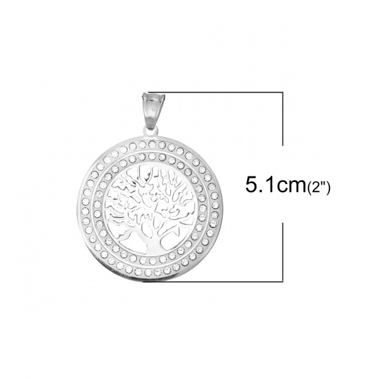 Picture of 304 Stainless Steel Pendants Round Silver Tone Tree of Life Clear Rhinestone 51mm(2") x 40mm(1 5/8"), 1 Piece