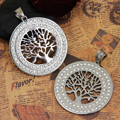 Picture of 304 Stainless Steel Pendants Round Silver Tone Tree of Life Clear Rhinestone 51mm(2") x 40mm(1 5/8"), 1 Piece
