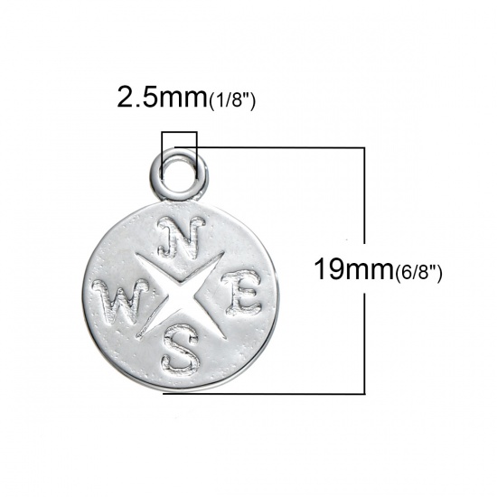 Picture of Brass Charms Round Silver Tone Travel Compass Hollow 19mm( 6/8") x 15mm( 5/8"), 2 PCs                                                                                                                                                                         