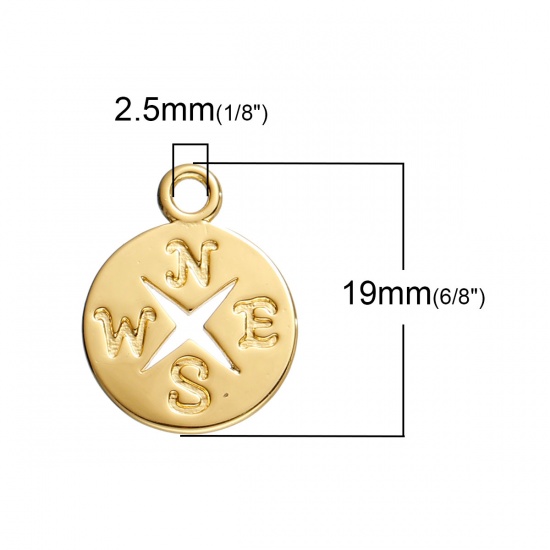 Picture of Brass Charms Round Gold Plated Travel Compass Hollow 19mm( 6/8") x 15mm( 5/8"), 2 PCs                                                                                                                                                                         